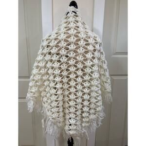 Vintage 70s Handmade Crocheted Cottagecore Fairy White Fringes Triangle Shawl